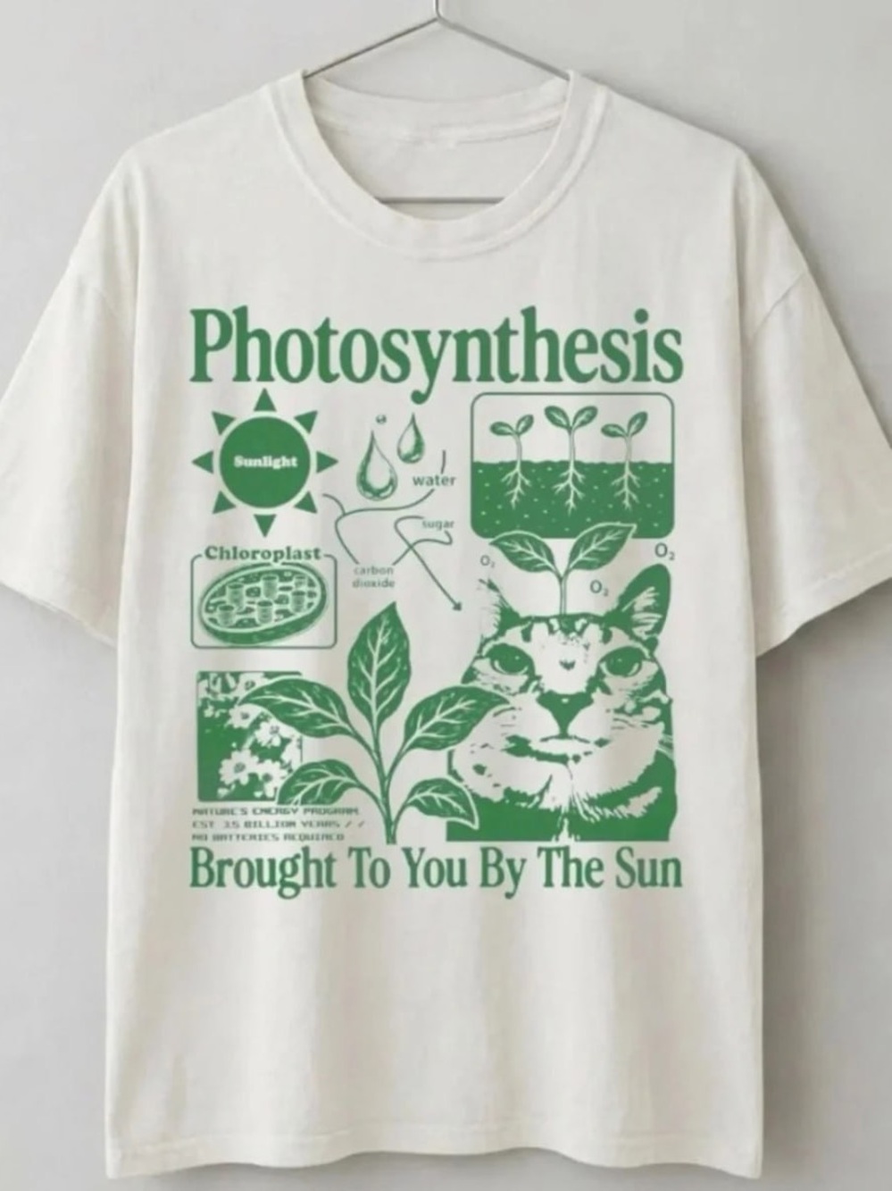 White Photosynthesis Cat Graphic T-Shirt, Classic Vintage Style for Everyday